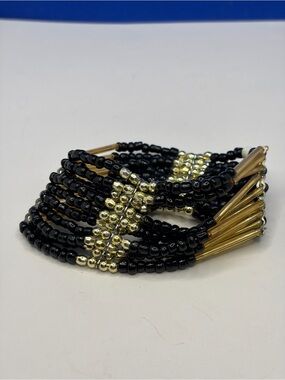 Black & Gold Multi Strand Beaded Statement Cuff Bracelet